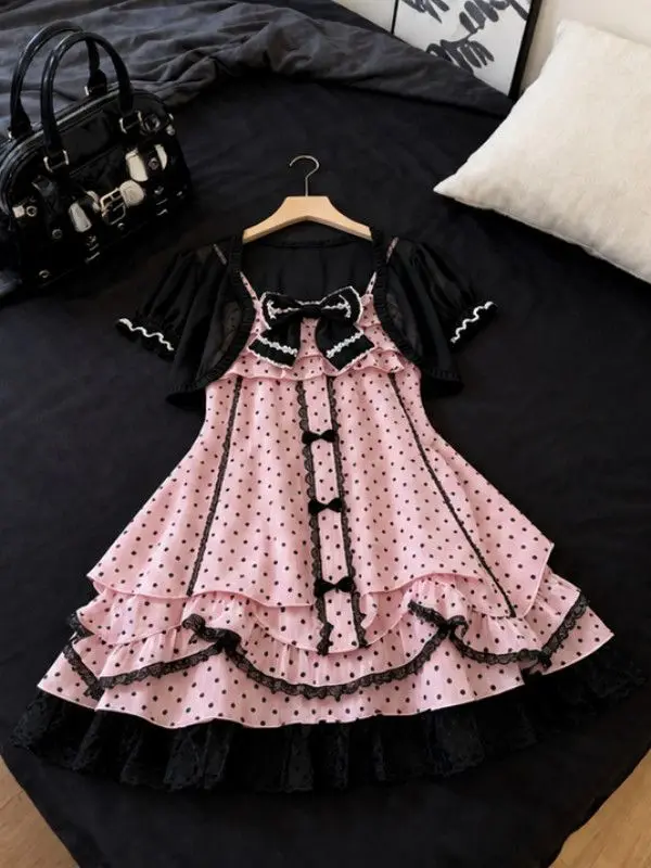 Kimotimo Apanese Vintage Bow Polka Dot Dress Short Sleeve Cardigan Set Women Sweet Lolita 2 Piece Outfit Casual Summer Dress Set