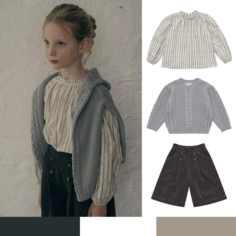 

Winter New Fashion Elegant Long Sleeve Antumn Blouses Top Shirt Blue Wool-blend Sweater Cotton Corduroy Wide-leg Pants Set