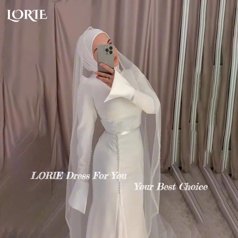 

LORIE Vintage Pearls Mermaid Wedding Dresses Muslim Long Sleeve High Collar Bridal Gown Button Princess Bride Dress Customized
