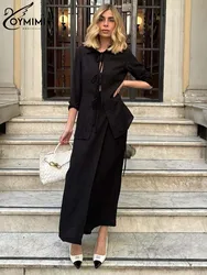 Oymimi Casual Black Loose Women 2 Piece Set Outfit Elegant Three Quarter Sleeve Lace-Up Shirts + Simple Ankle-Length Skirts Sets