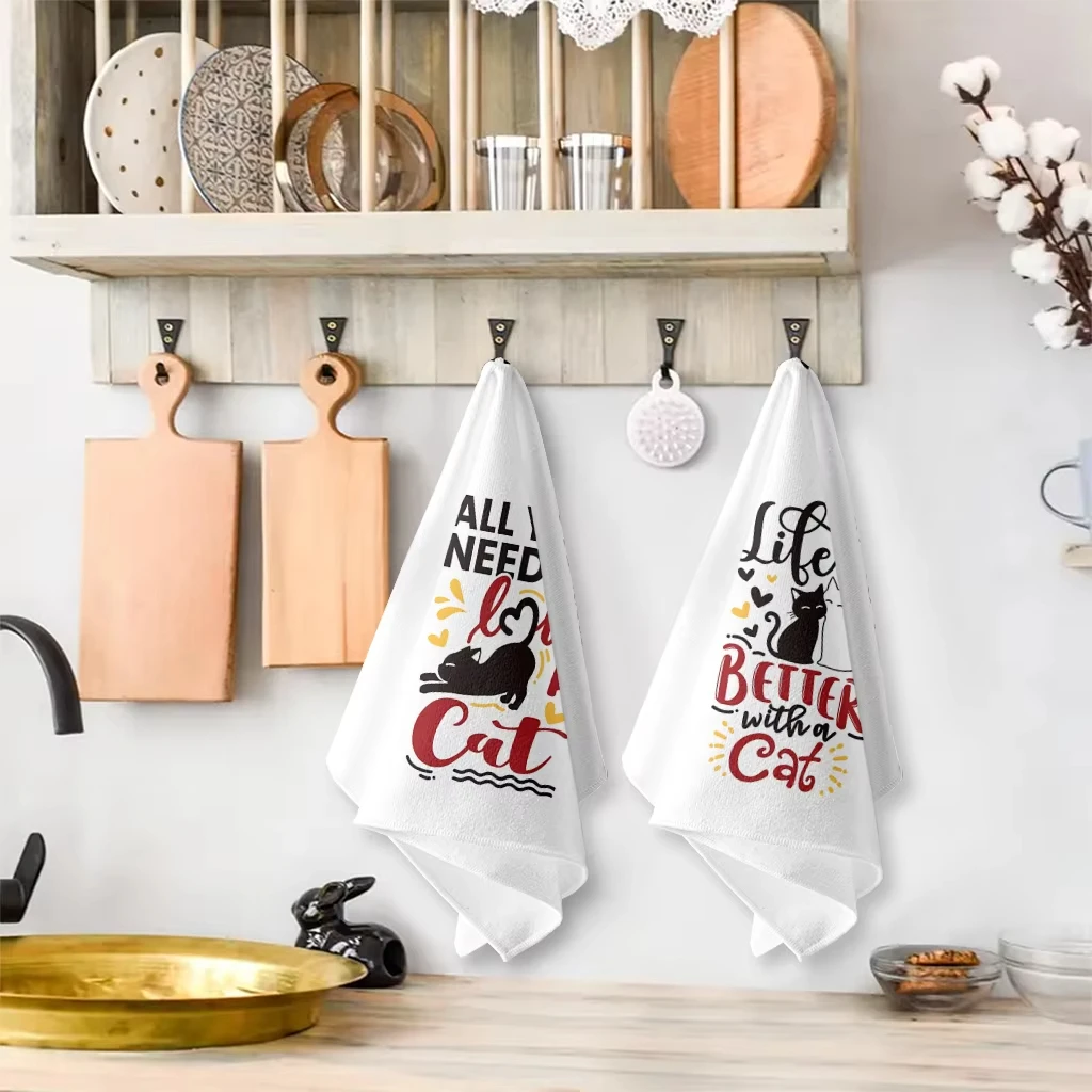 Lettered Cute Cat Kitchen Towels 2 Pcs Super Absorbent Soft Cleaning Cloth For Cooking Baking Tea Hand Towel Set