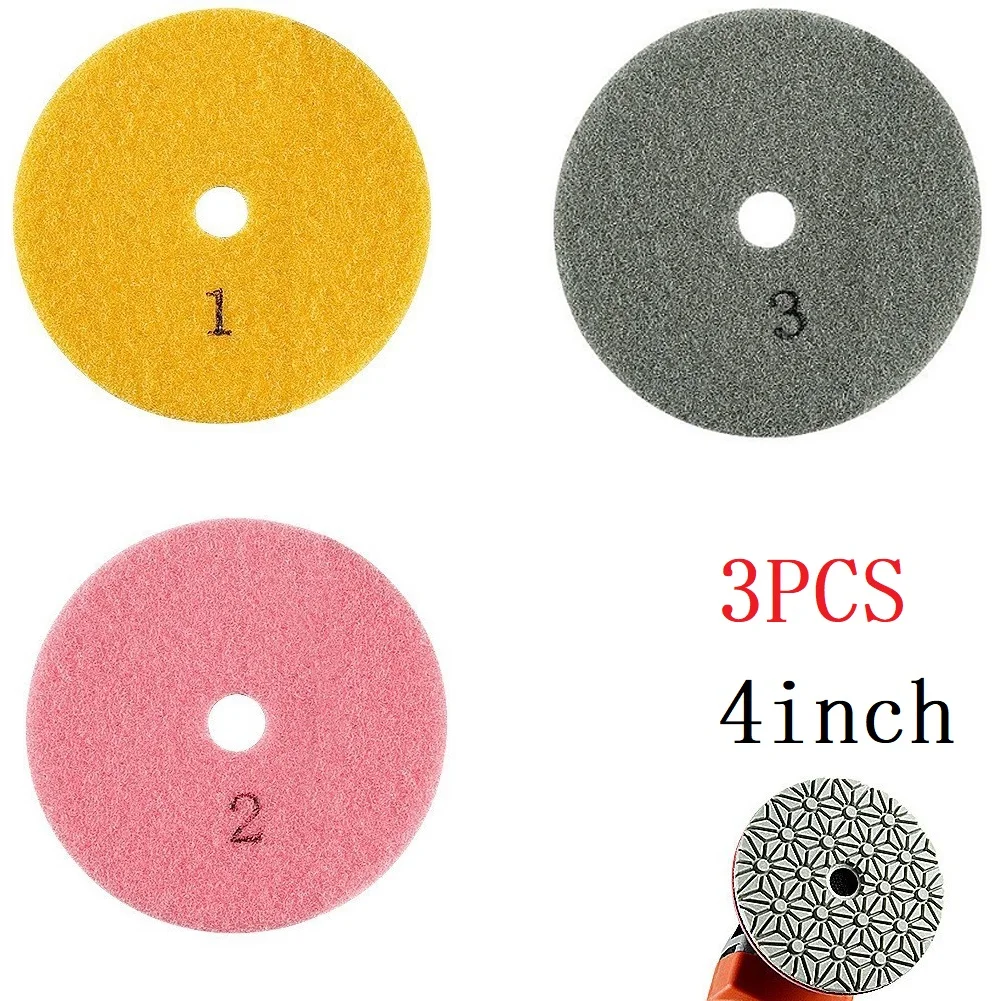 3 PCS 4 Inch 100mm Dry/Wet Diamond 3 Step Polishing Pad Granite Polishing Tool Dry Polishing Pad Flexible Abrasive Disc Tools