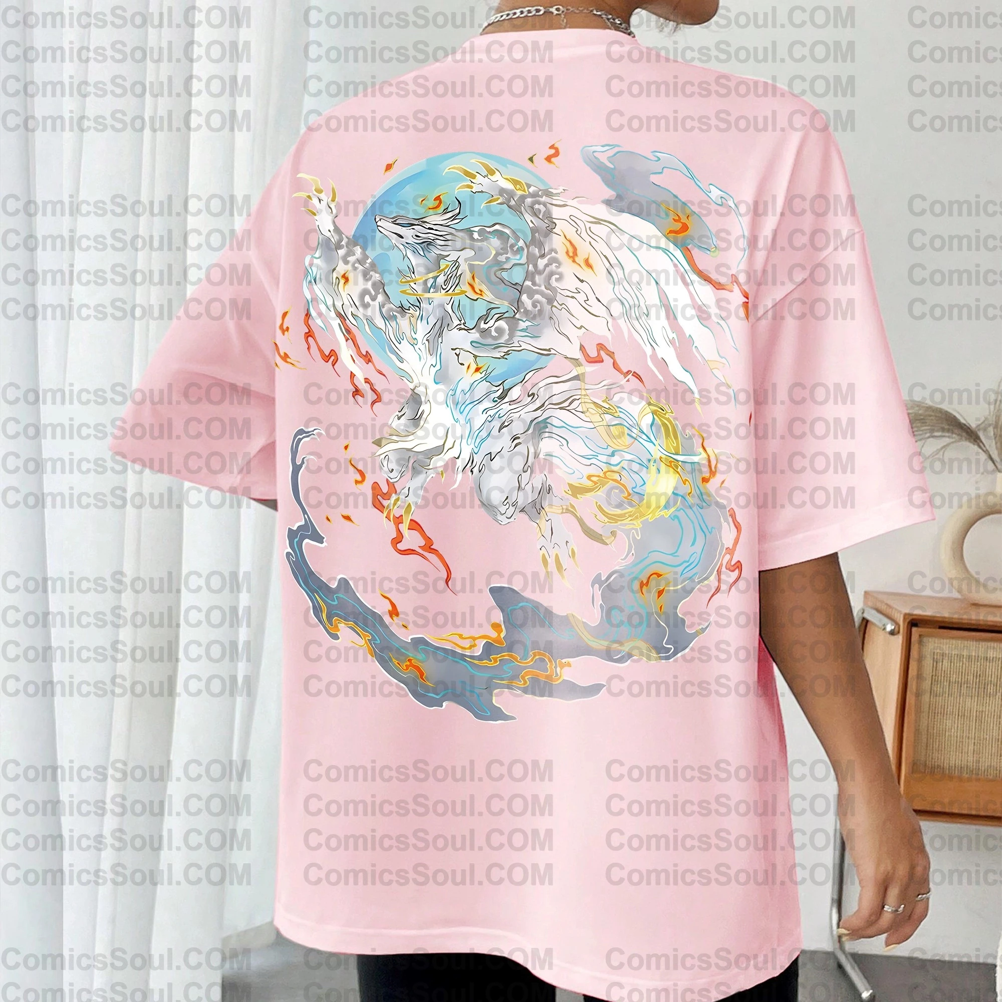 camiseta-de-algodao-anime-pokemon-verao-2026-com-estampa-de-pokemon-lendario-nas-costas-design-de-chamas-azul-branco-e-laranja-caimento-solto-feminino