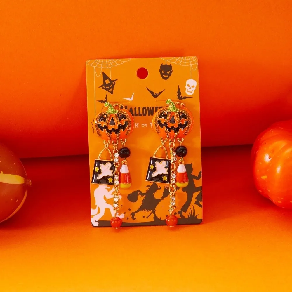 Alloy Material Halloween Earrings Long Tassel Design Dripping Oil Effect Pumpkin Earrings Drop Earrings Festival Wear
