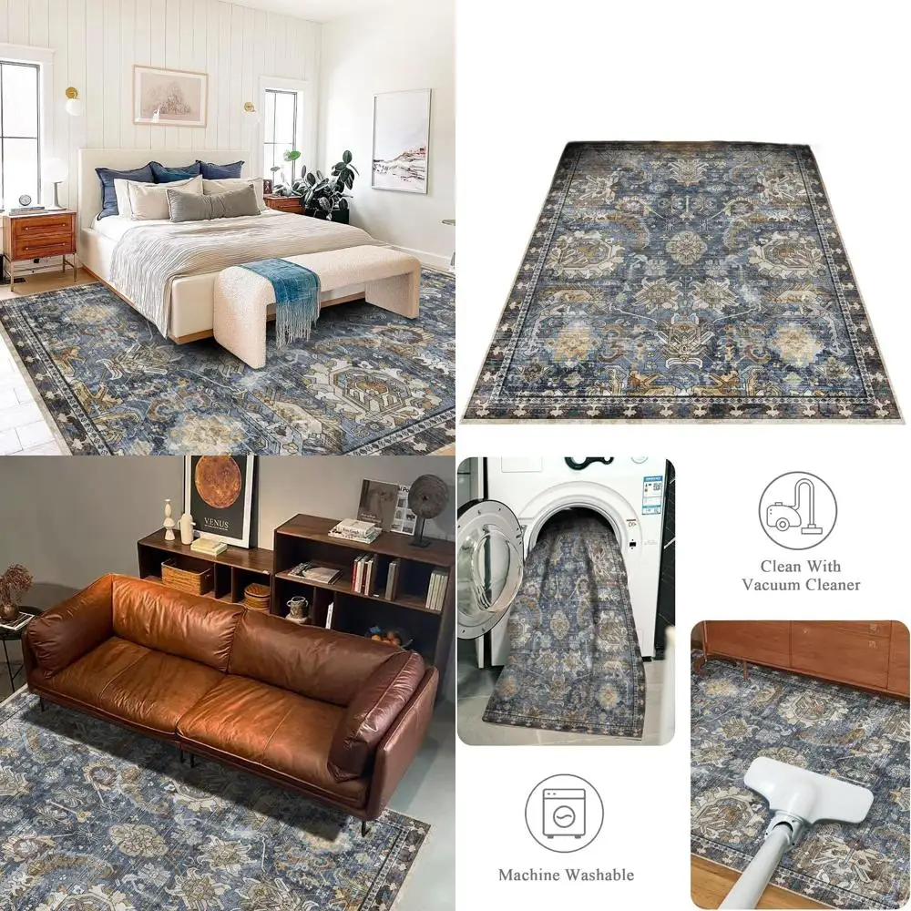 

Navy Vintage Tribal Rugs - Washable, Stain and Water-Resistant, Non-Slip for Living, Bedroom, Kids, and Nursery Rooms