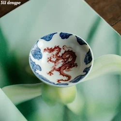 75ml Bamboo Hat Teacup White Ru Blue and White Glazed Dragon Pattern Tea Bowl Chinese Style Black Tea Teacup