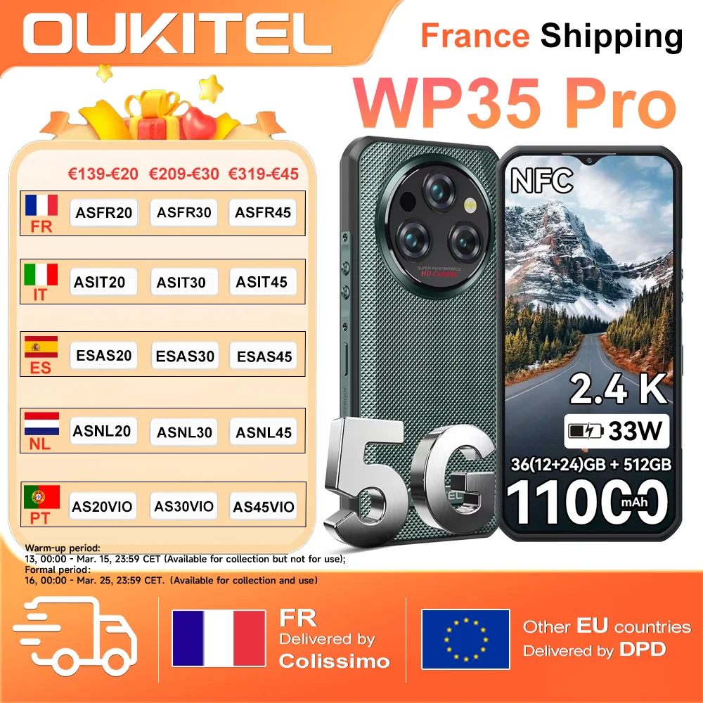 Oukitel WP35 Pro Smartphone robuste 6.6 ''5G 36(12 + 24)GB + 512GB 11000mAh 33W 60Hz 64MP NFC téléphone portable double SIM
