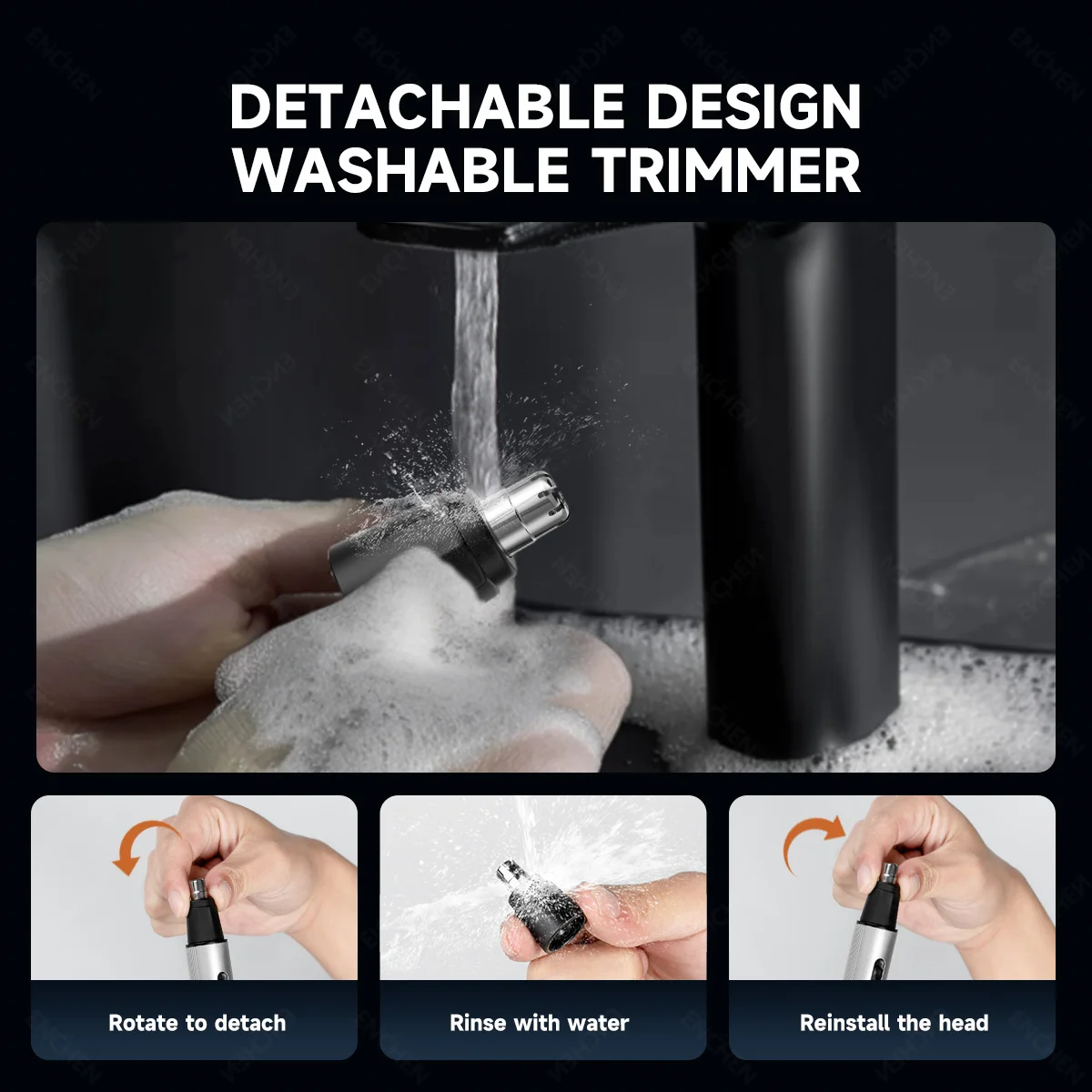 ENCHEN EN001 Aparador de pêlos profissional para nariz e orelha com cabeça de corte de aço inoxidável Porta de carregamento USB-C e luz indicadora LED