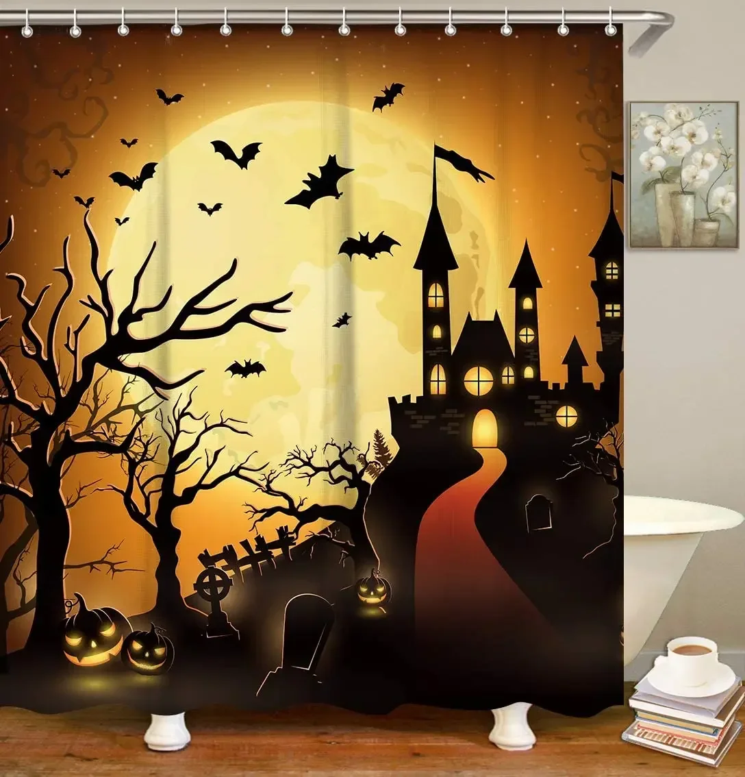 Halloween Shower Curtain By Ho Me Lili For Bathroom Scary Haunted Mansion Set With Hooks Home Decor