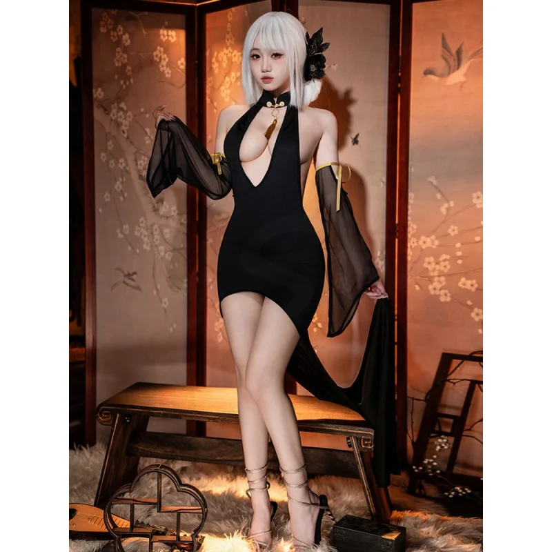فستان لانجري مثير بفتحة على شكل حرف V على طراز شيونغسام بأكمام شفافة وتصميم بدون ظهر ملابس لعب الأدوار المثيرة للنساء