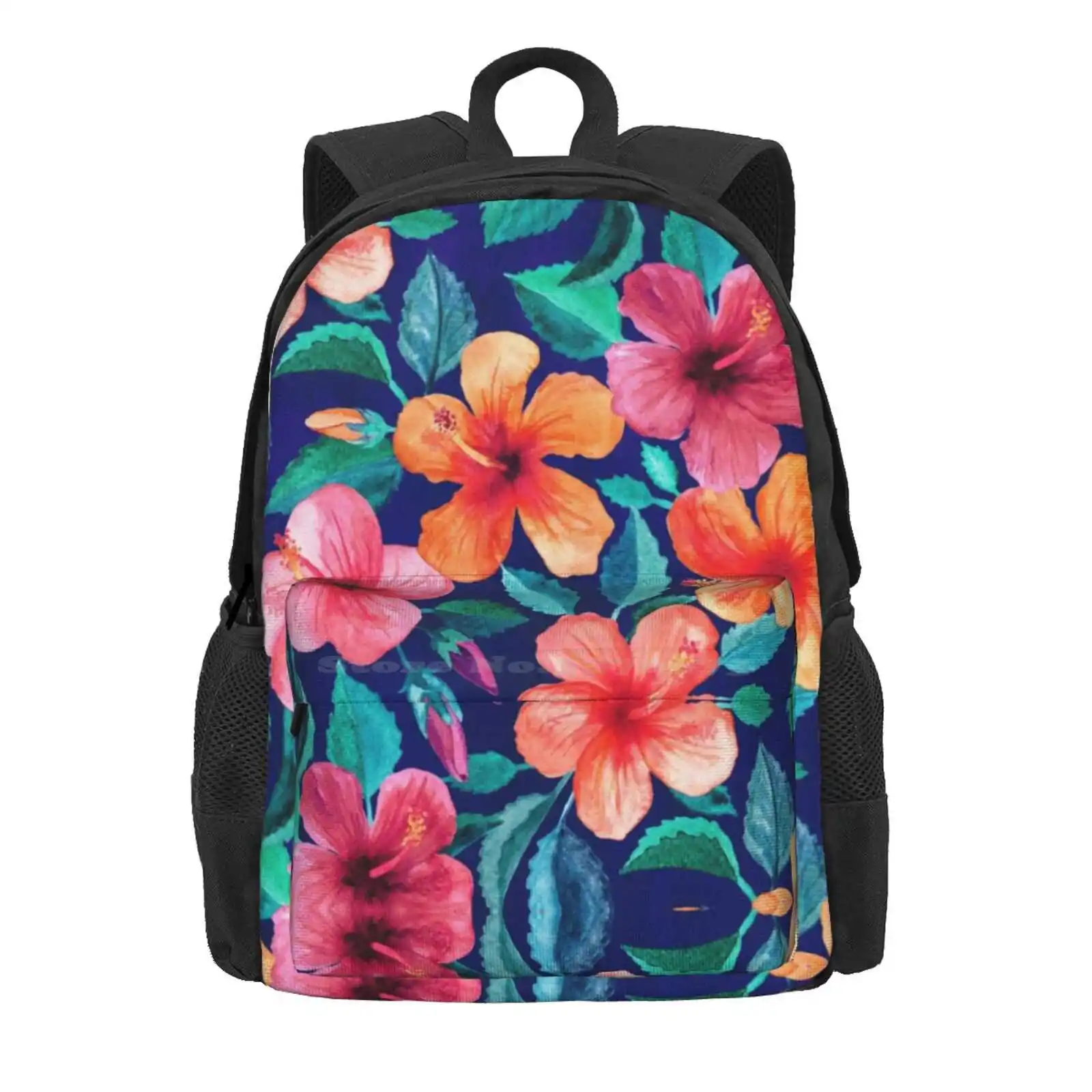 Colorful Watercolor Hibiscus On Indigo Blue Hot Sale Schoolbag Backpack Fashion Bags Tropical Hibiscus Retro Vintage Floral