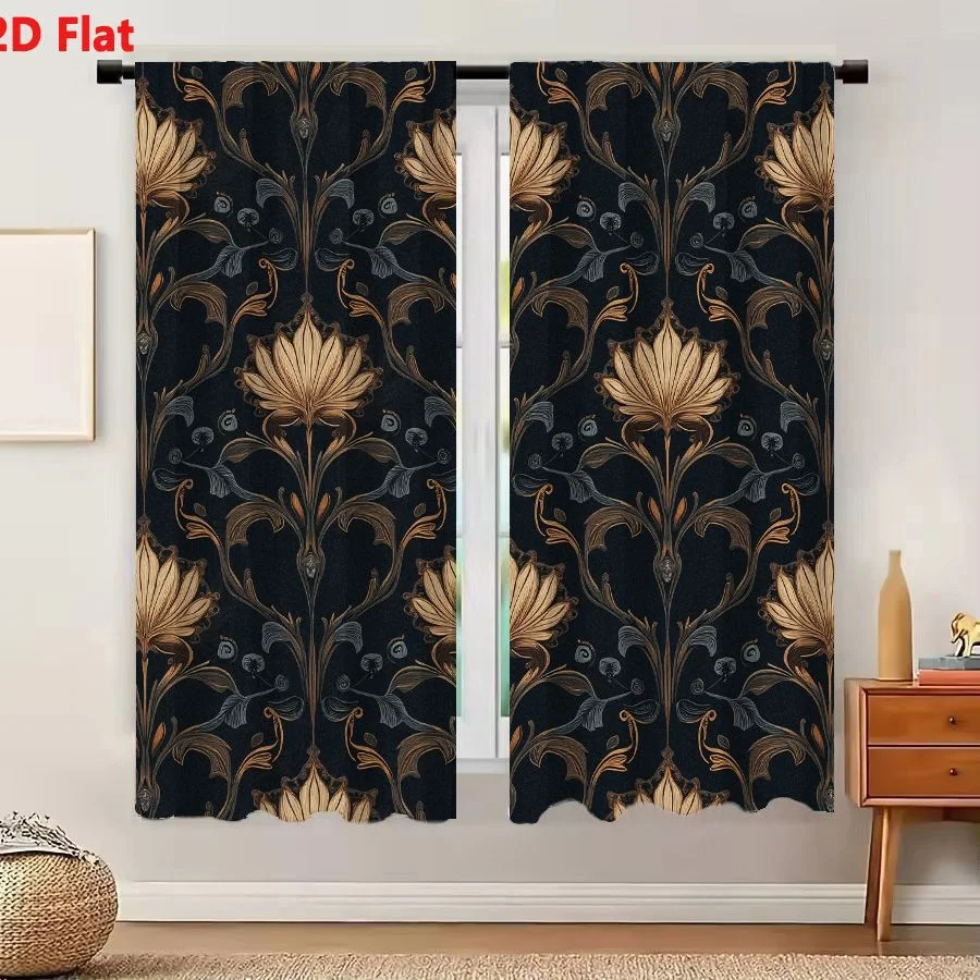 2Pcs Curtains 2D Flat A Seamless Damask Pattern With Golden Lotus Flowers On Navy Blue Background Window Drapes for Bedroom Room