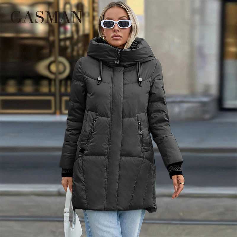 GASMAN 2024 Women Down Jacket Long Classic zipper design Big Pocket Stand Collar Hooded Slim coat Women Parkas GM-83325