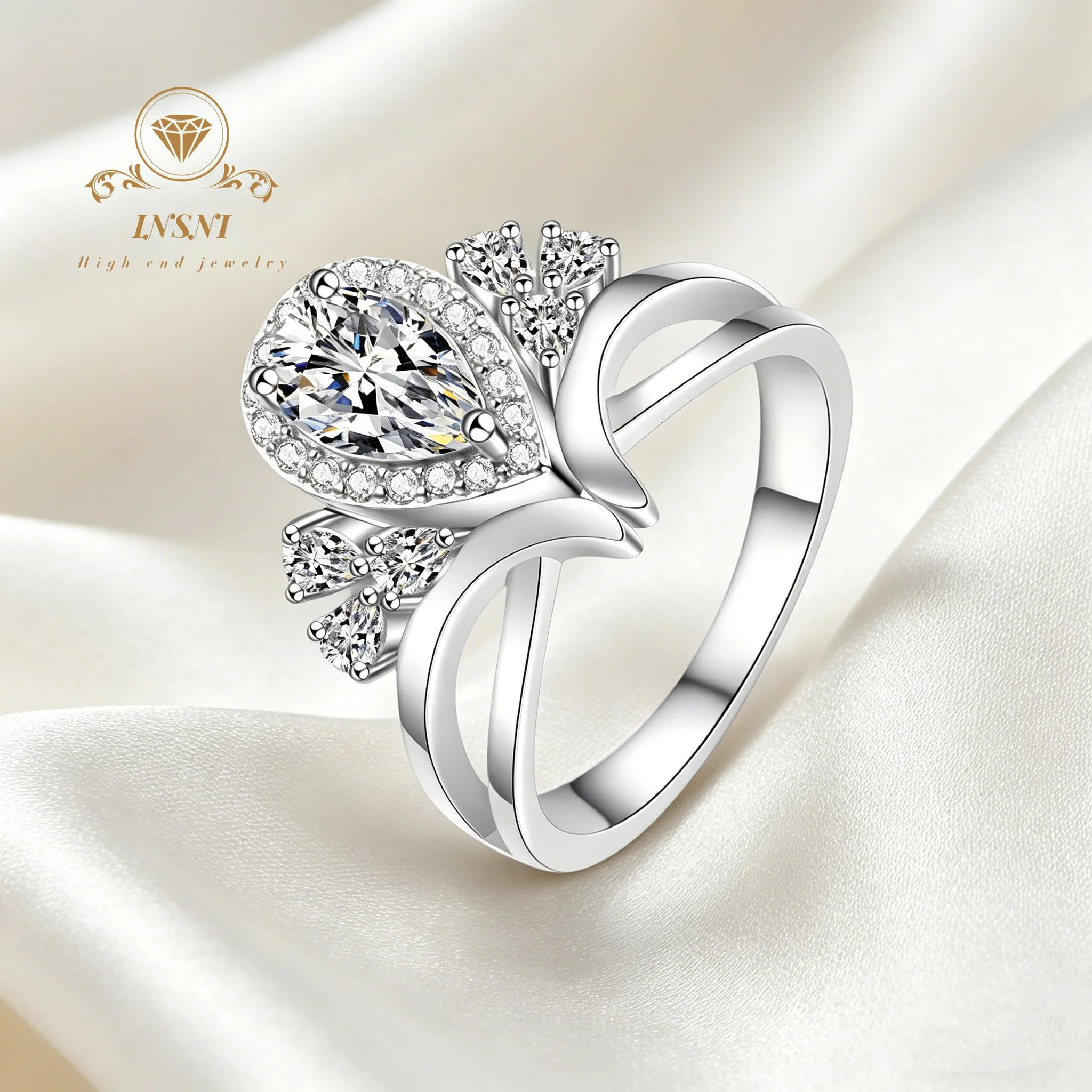

Water Drop Crown D Color VVS1 Moissanite S925 Silver Double-Band Stackable Wedding Ring Affordable Light Luxury Jewelry Gift