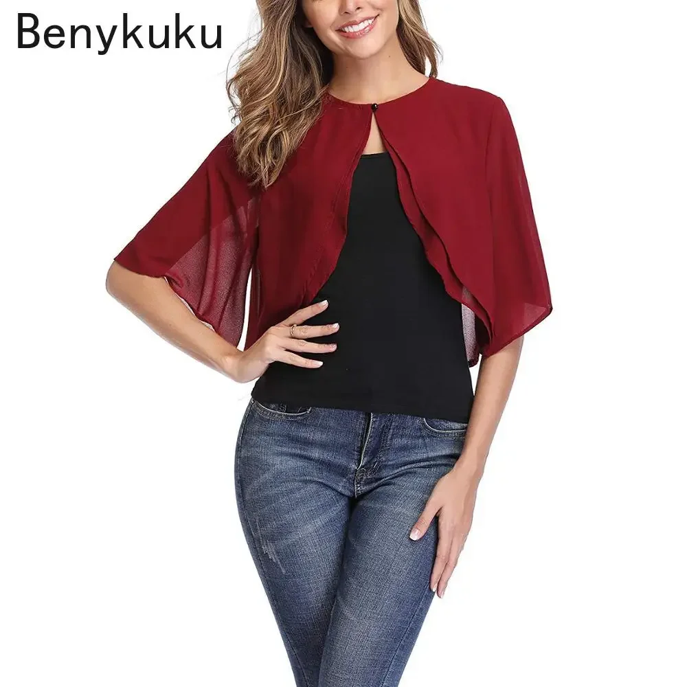 ครึ่งแขน Layered เปิดด้านหน้า Sheer Bolero Cardigan Top สำหรับงานแต่งงานชุดเดรสปาร์ตี้ Capes ผ้าชีฟองยักไหล่สำหรับสตรี