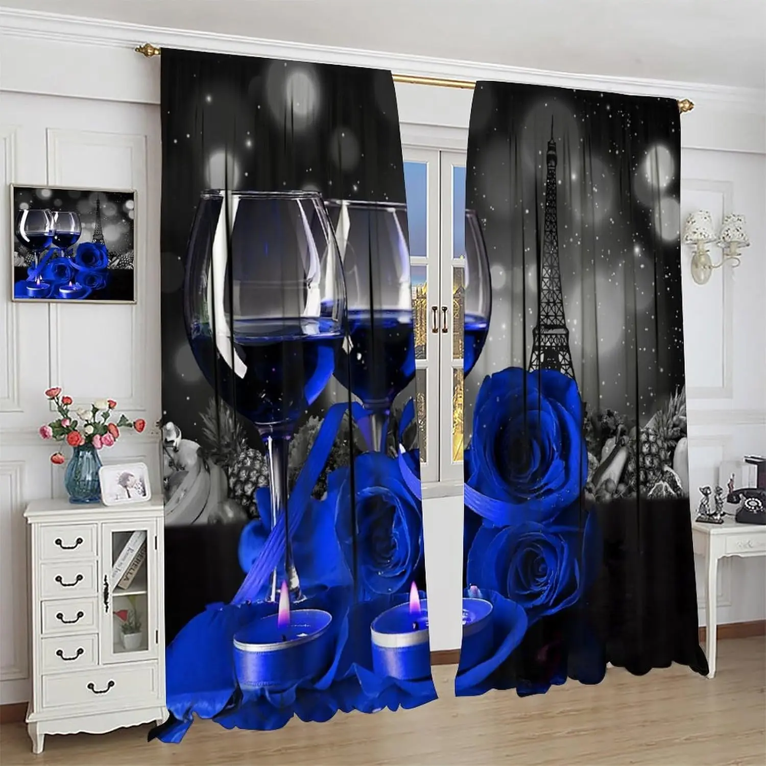 Wine Rose Curtains for Kitchen,Dark Love Romance Fruit & Vegetable Paris Tower Snowflake Blue Candle Rose Flower Wine Glasses