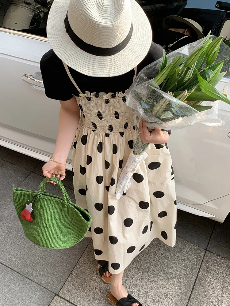 

Liberlin Sisy Women's Summer New Polka Dot Texture Commute Dr Cotton Long Skirt Korean Sle Five Sve Length Dr