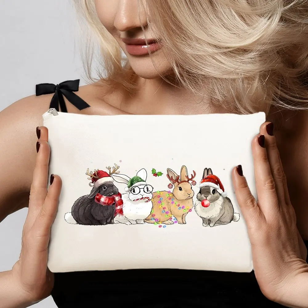 Un sac de maquillage rétro lapin de Noël – Jolie pochette multifonctionnelle à fermeture éclair pour femmes, sac de rangement de bijoux