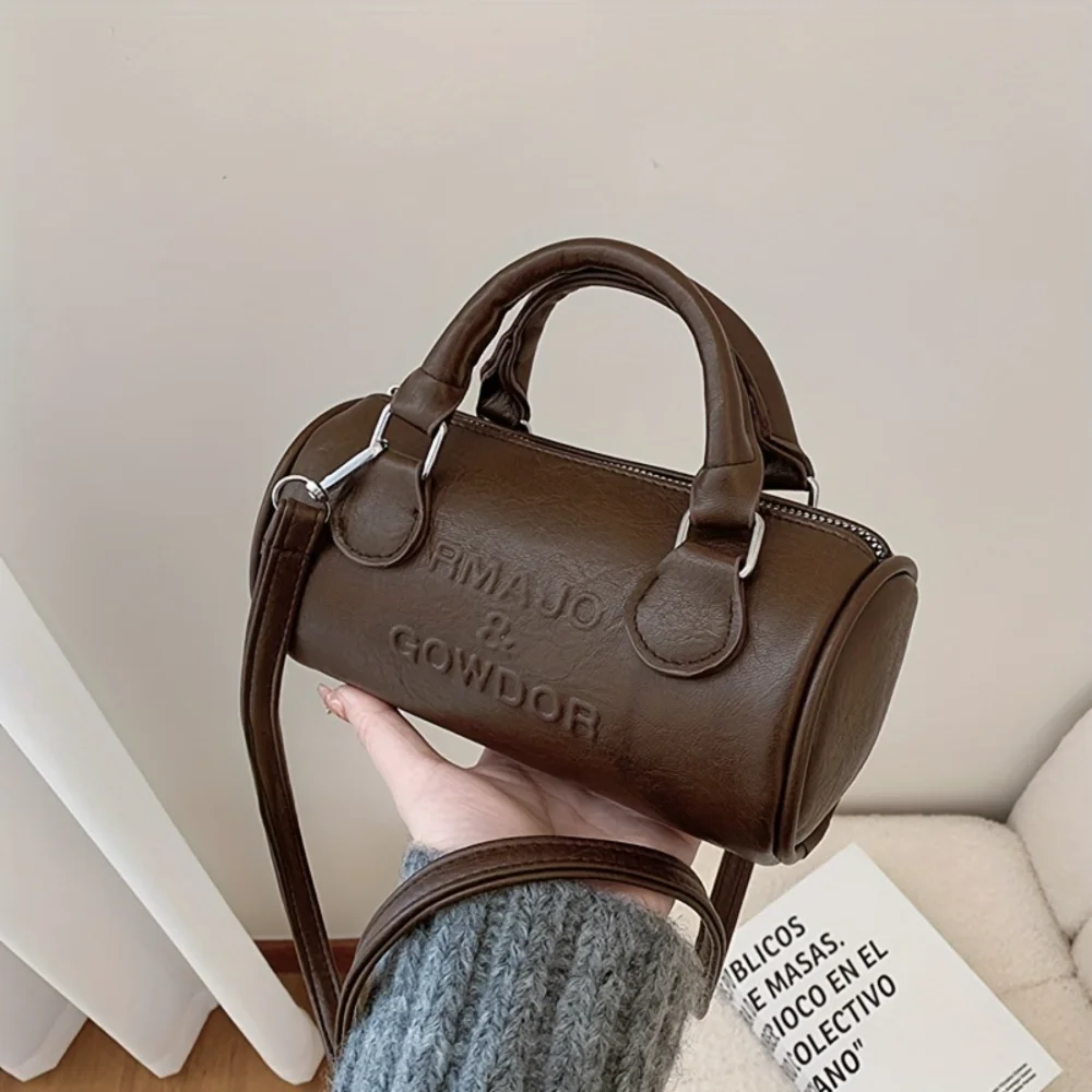Vintage Retro PU Leather Mini Barrel Bag - Women's Boston Handbag for Shoulder & Crossbody