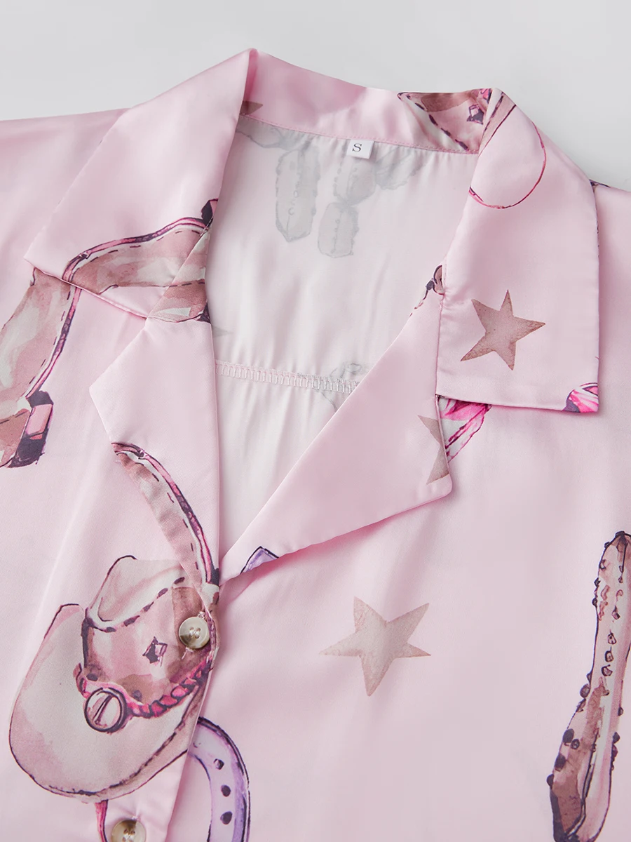 Women s Summer Loungewear Set Boot Cactus Print Short Sleeve Lapel Tops with Elastic Waist Shorts Sleepwear