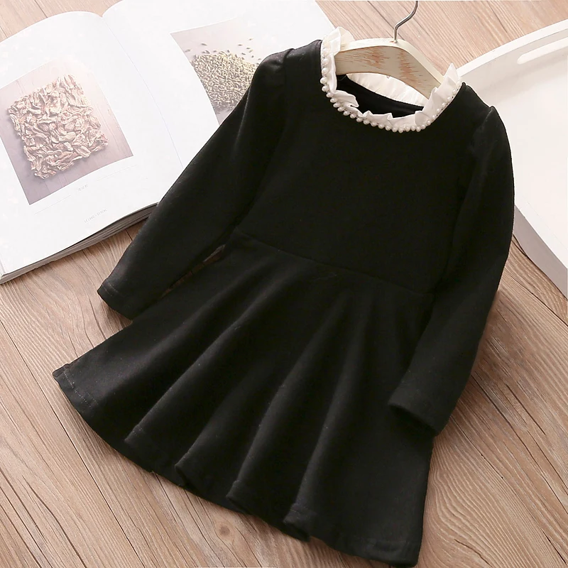 

2023 Spring Autumn 2 3 4 6 8 10 12 Years Pachwork Preppy Style Pearl Collar Black Long Sleeve Ruffles Dress For Kids Baby Girls