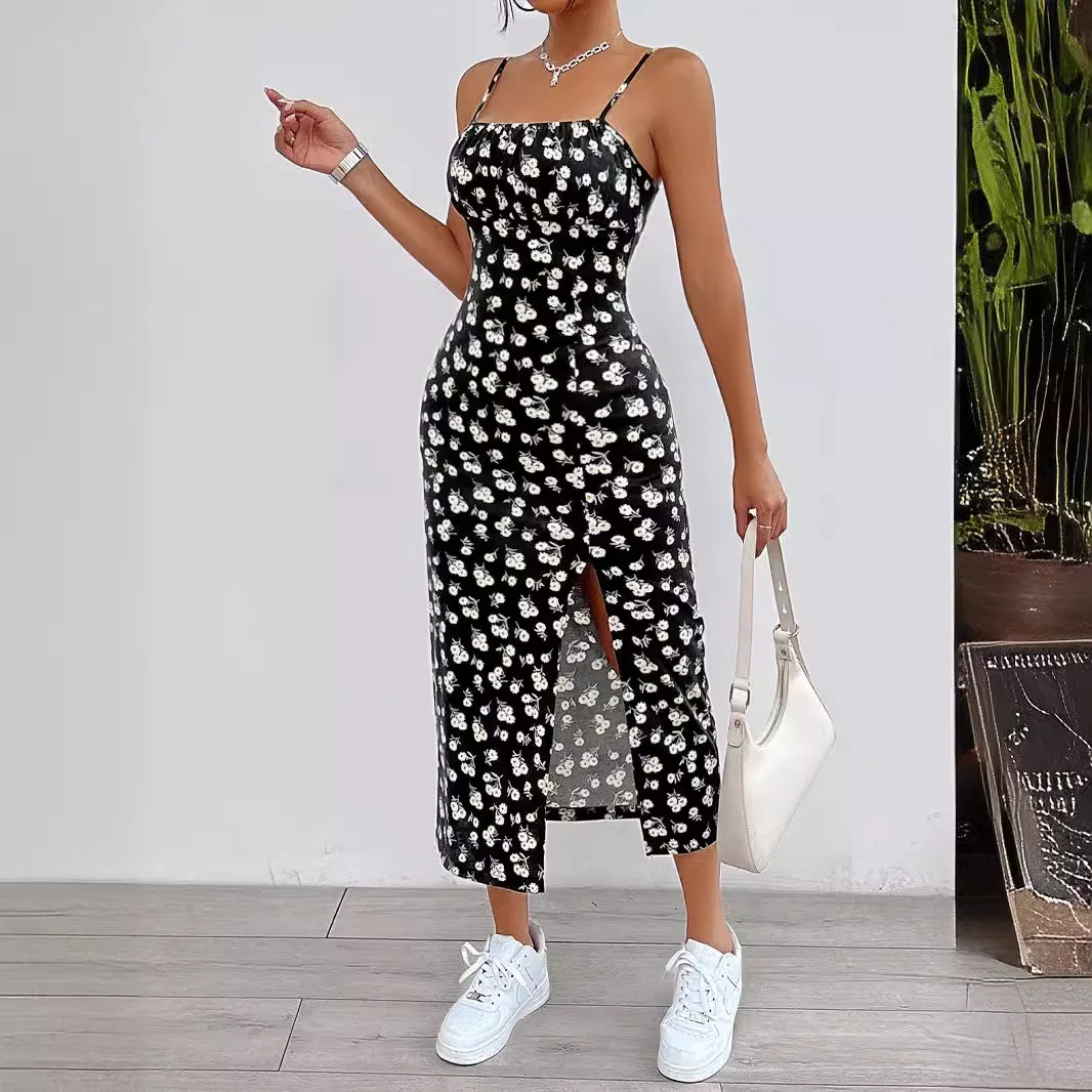 فستان مموه بطبعة زهور أوروبية وأمريكية أنيقة وفخذين