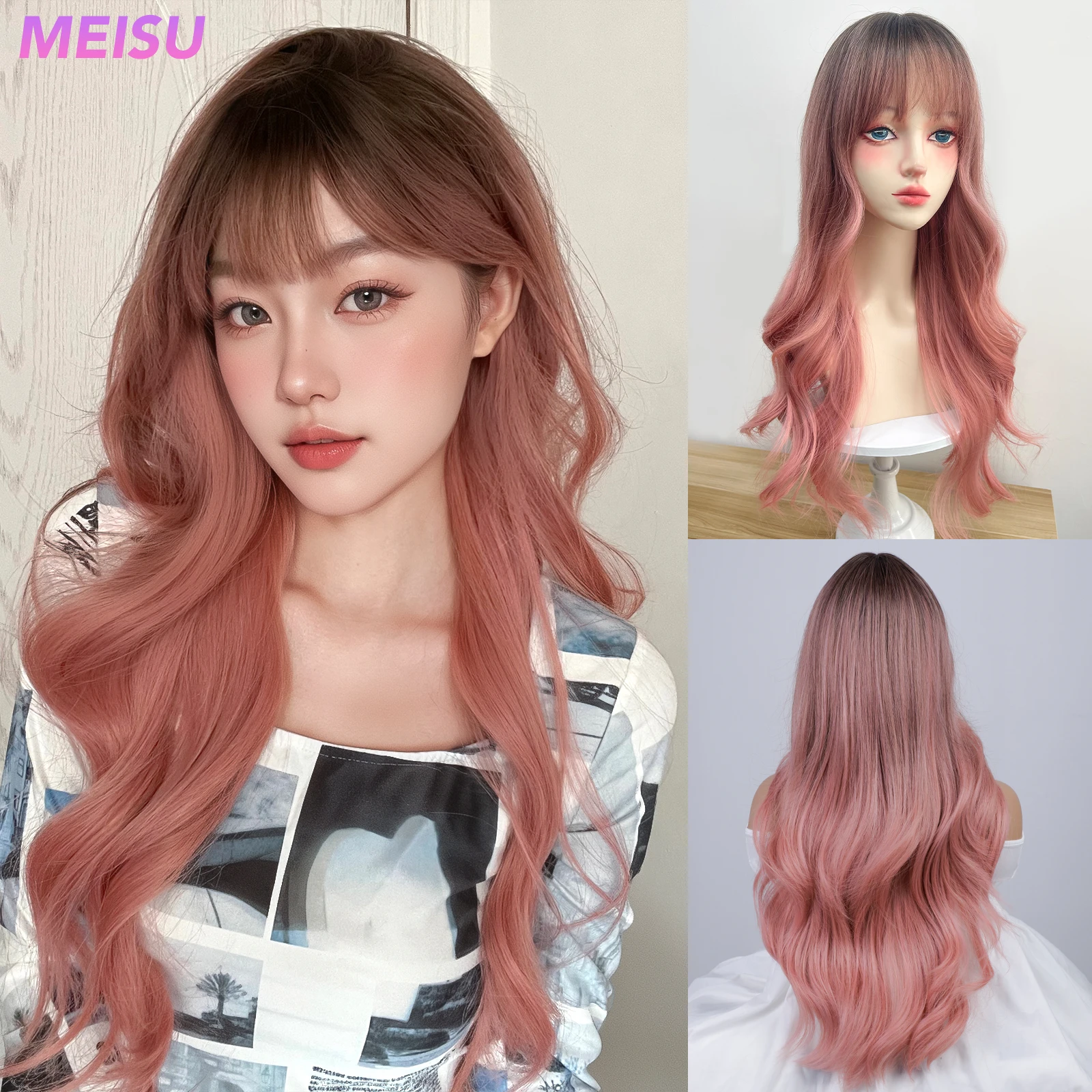 MEISU Gradient Pink Brown Curly Wave Bangs Wig 24 Inch Fiber Synthetic Wig Heat-resistant Natural Party or Selfie For Women