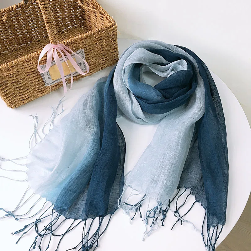 Summer Blue Linen Scarf For Trip Soft Thin Tie Dye Shawl Beach Linen Scarfs With Tassels