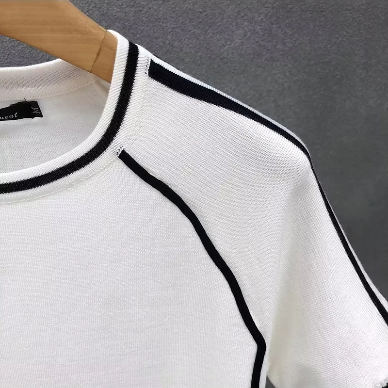 Irregular Lines Herren-Strick-T-Shirt, Sommer, Schwarz, Weiß, Kontrastfarbe, Rundhalsausschnitt, kurze Ärmel, atmungsaktives Strick-T-Shirt – Detail 20