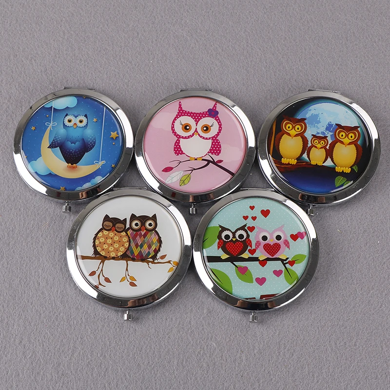 TSHOU873 Vintage Double-Side Folded OWL Makeup Mirror Hand Mirrors Pocket Mirror Mini Compact Mirrors Girl Style Random