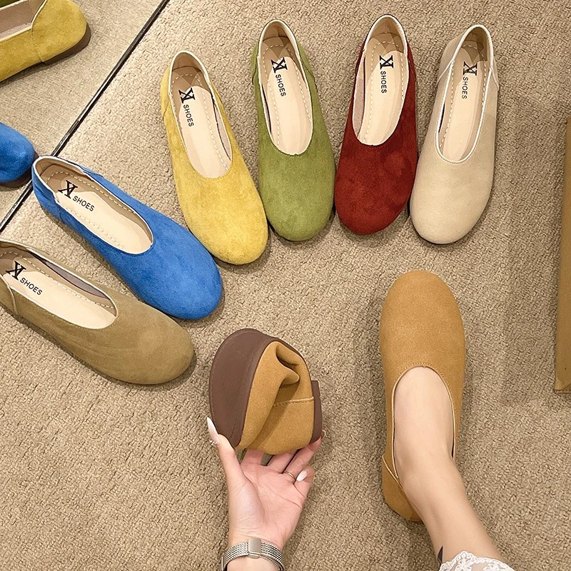 

Colorful Suede Flat Comfortable Versatile Single Shoes, Shallow Soft Sole, Soft Surface, Vintage Summer Round-toe Women's Shoes