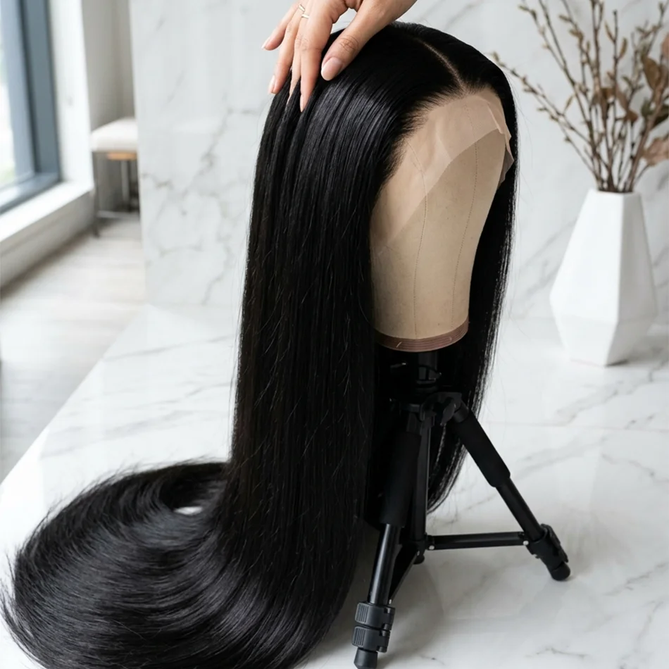 

40 Inch Extra Long 250% Density Natural Black 13x6 HD Lace Frontal Bone Straight Silky Soft 13x4 Remy Human Hair Wigs Invisible Bleached Knots Pre Plucked Hairline Wear and Go 5x5 Glueless Closure Thick Full Ends