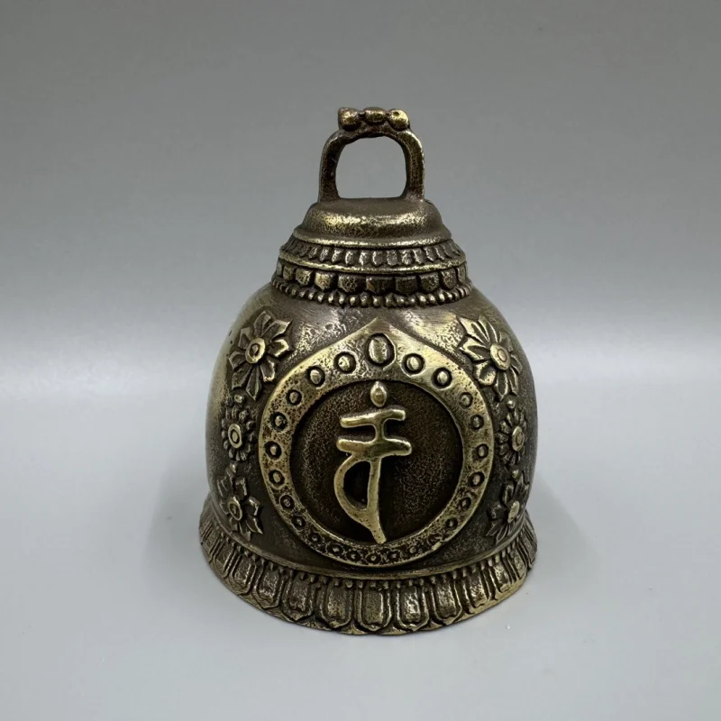 Antique Collectible Bronze with Buddha Head Figurine, Pure Brass Hand-Cranked Bell Ornament