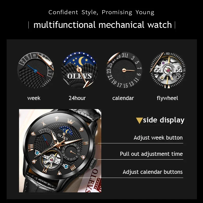 OLEVS Skeleton Watch for Men Calendar Dial Casual Leather Strap Waterproof Automatic Mechanical Men\'s Wristwatches Reloj Hombre