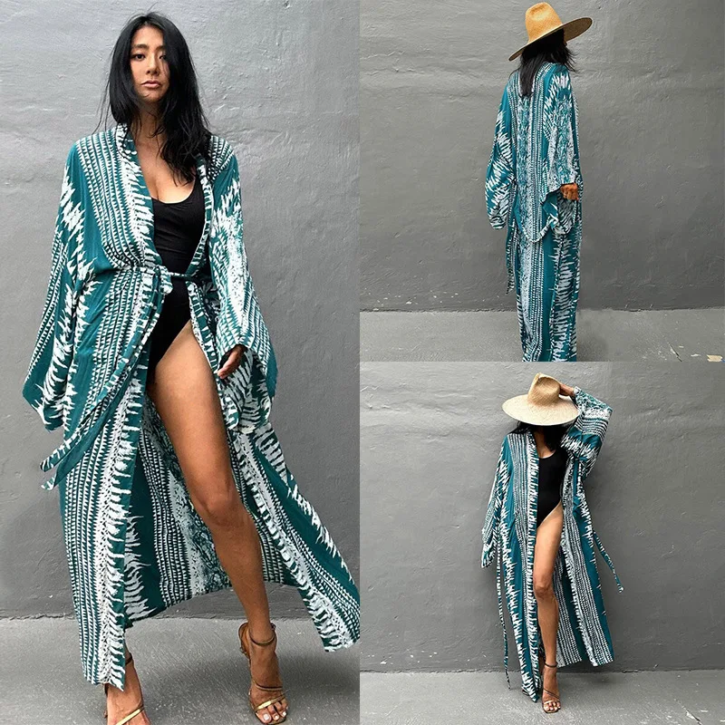 Print Beach Cover Up Cardigan Women Loose Long Open Front Swimsuit Coverup Summer Vacation Kaftan Sun Protection Kimono Cardigan