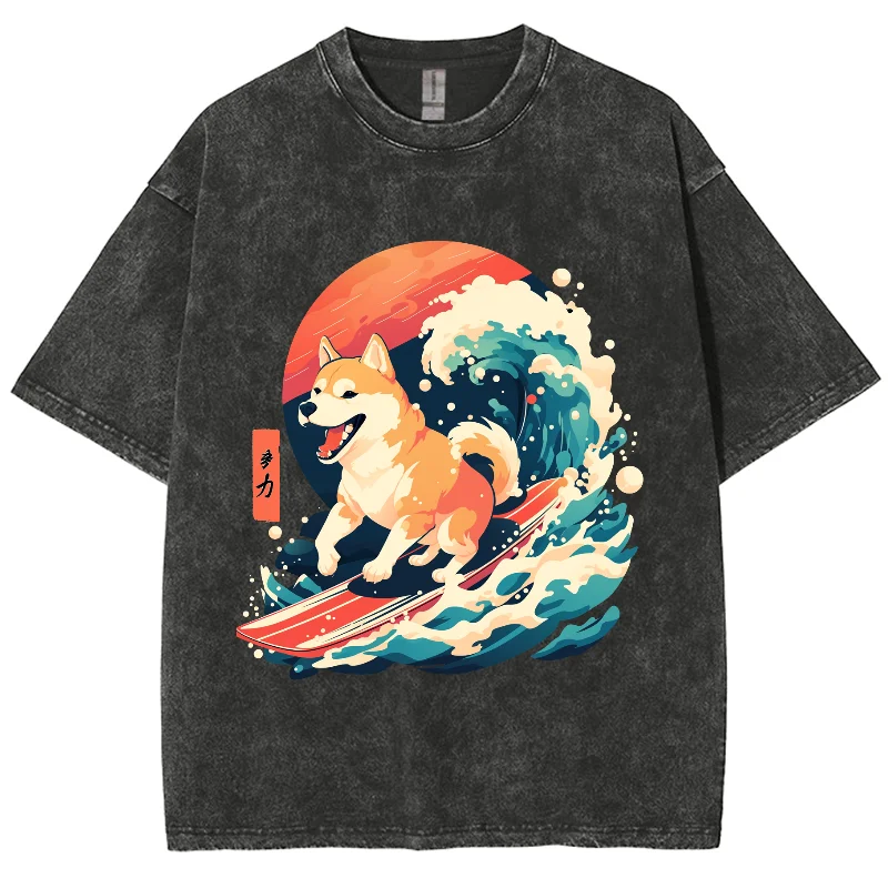 

Y2K Anime Washed T-shirt, Dog Surfing Sea Wave Ukiyoe Style, Oversized Vintage Summer Streetwear Washed Tshirts For Men Women