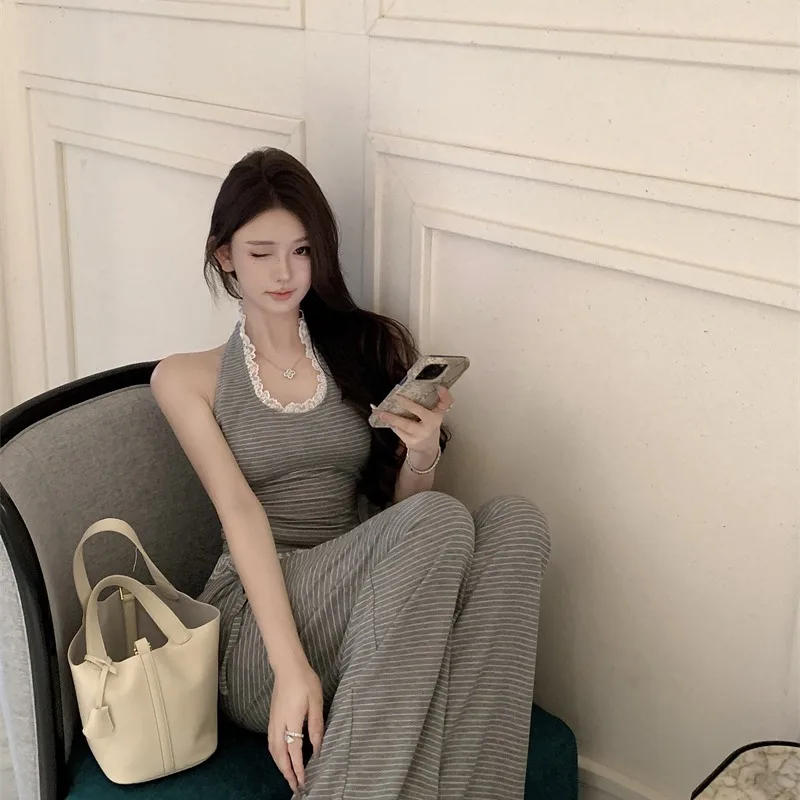 

Gray Striped Neck Hanging Vest Lace Trim Soft Loose Wide Leg Pants Summer Two Piece Set Women's Fashion Casual Comfortable