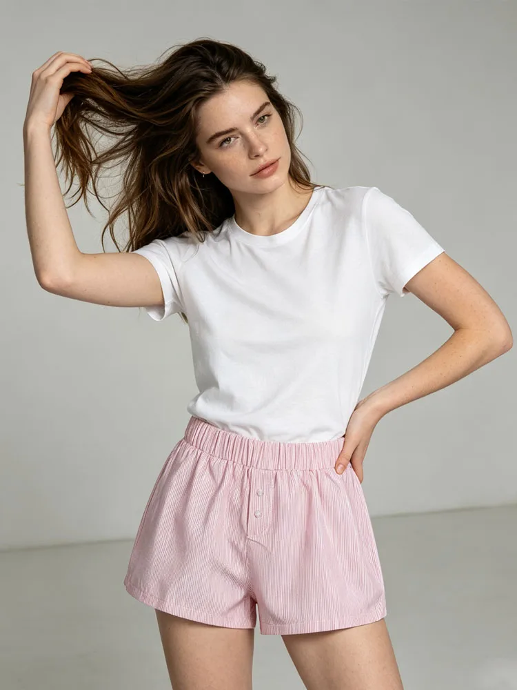 Women's Striped Print Casual Elastic Waist Shorts Fashion Button Detail Streetwear Chic Y2K Loose Fit Basic Summer Shorts