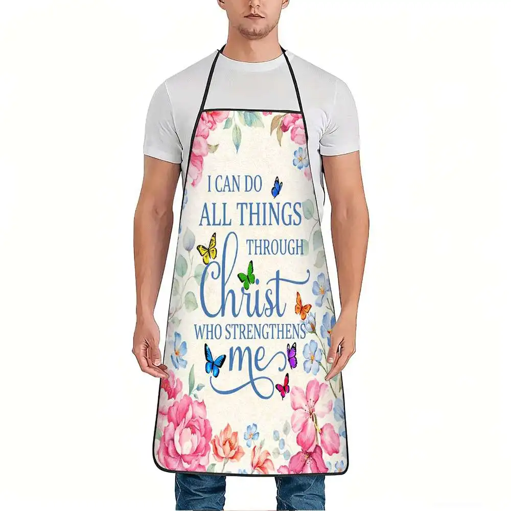 1pc of an Apron Featuring a Christian Motivational Quote with a Floral And Butterfly Design, Made from Durable And Easy-To-Clean