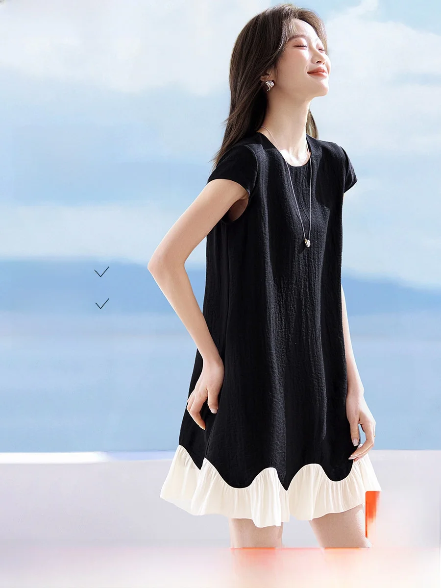 

Mehemai Summer New round Ne Wave Splicing Skirt Simple Commute Dr Gentle Movement Skirt H Version ort Sve Women's D...
