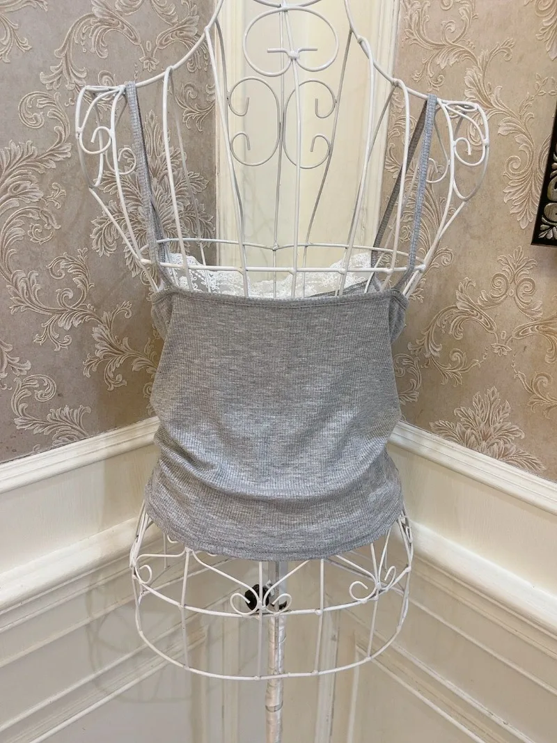 새로운 일본 로맨틱 발레 스타일 귀여운 스위트 슬링 보우 펄 레이스 트림 슬림핏 크롭탑 (가슴 패드 포함) 여성용 캐미솔