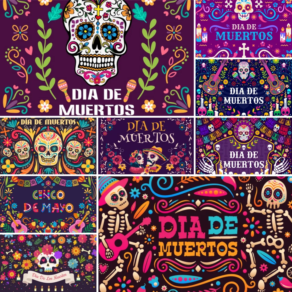 Mexican Fiesta Backdrop Day Of Dead Skull Candle Dancer Dia De Los Muertos Cactus Guitar Party Shooting Props Decorations Banner