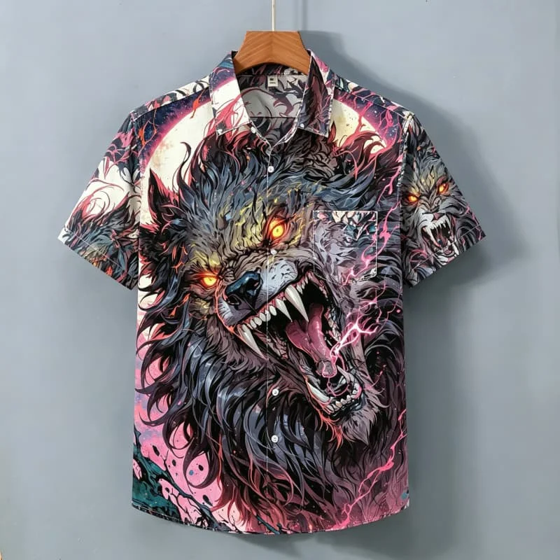 Unisex Camp Collar Short Sleeve Shirt Black Red Ferocious Beast Monster Head Print Loose Beach Button Casual Tops