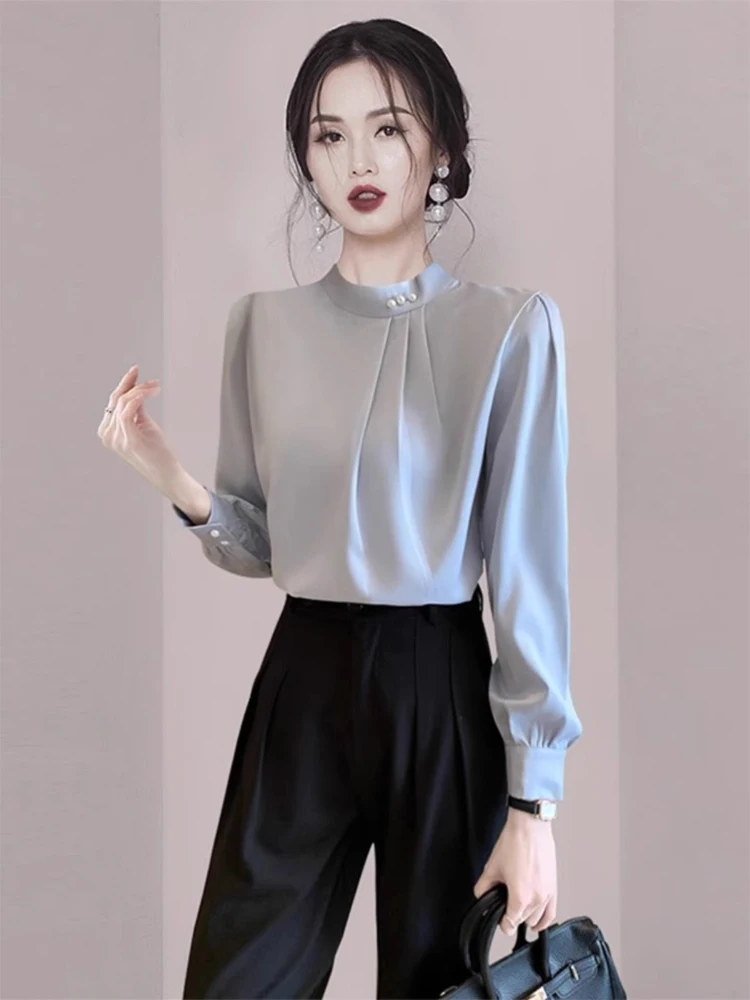 

Elegant Chiffon Work Shirt Women's Design Sensation Spring Autumn Bead Embellished Long Sleeve Career Style Office Wear