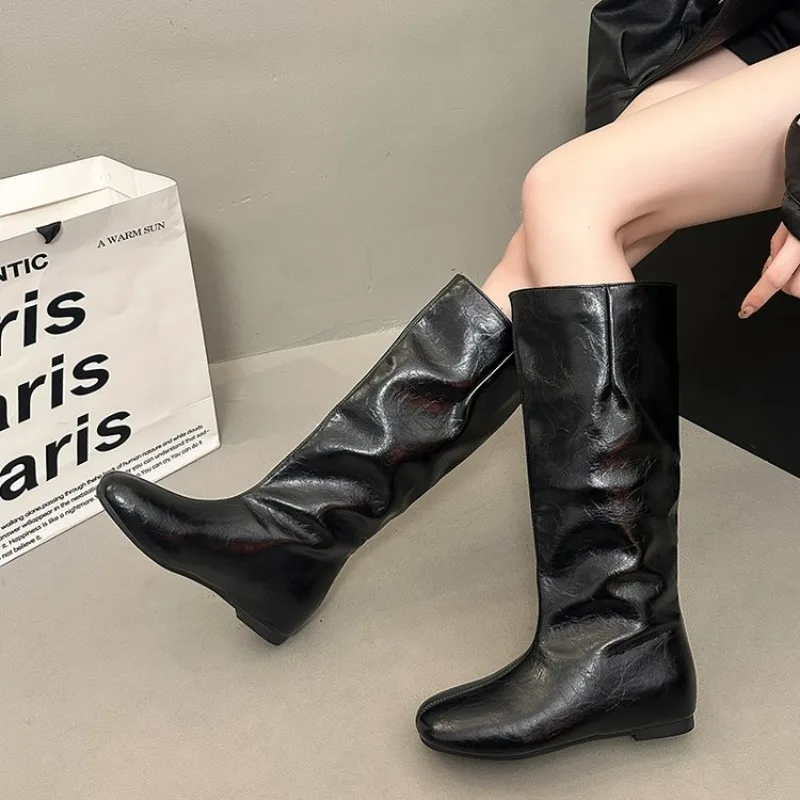 Spring Autumn Square Toe Women Knight High Boots Female Internal Elevation Shoes Ladies Concise Slip On Mordern Long Booties