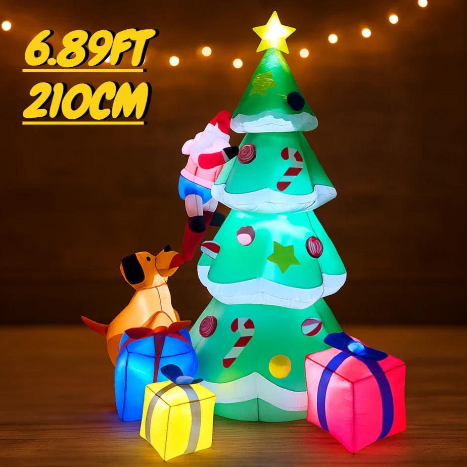 6.89FT في الهواء الطلق عطلة زينة نفخ شجرة عيد الميلاد سانتا الكلب هدية لعبة LED عيد الميلاد لوازم المنزل زخرفة عيد الميلاد ساحة ديكور