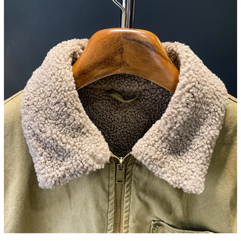 

Khaki casual fur collar jacket men's thick winter warm jacket with added fleece, fashionable thick men's clothing