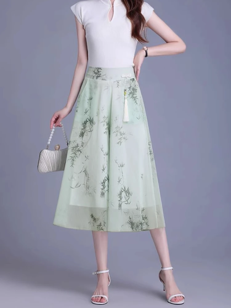 

Модные летние тонкие брюки-кюлоты с принтом в национальном стиле, женские повседневные брюки с высокой талией, утягивающие, из ледяного шелка, с широкими штанинами, в стиле юбки-брюк