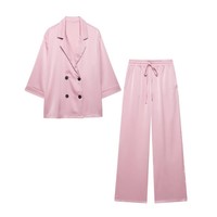 Women High Waist Pants Set Spring 2 Piece Double-Breasted Satin Blazers Two Piece Lace Up Creased-Effect Trousers Women Outfit