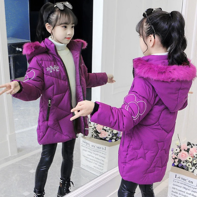 Girls Faux Fur Collar Down Cotton Jackets Winter Thick Warm Hooded Outerwear Kids Zipper Waterproof Christmas Long Coat New